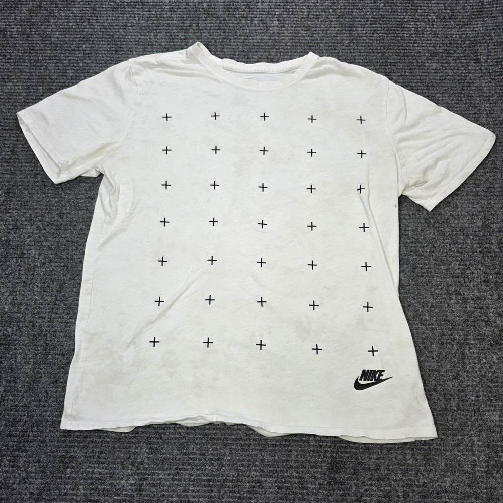 Nike Athletic Cut T-Shirt Men's Size L White Plus Sign Grid Logo 100% Cotton